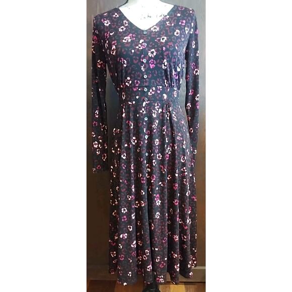 Talbots Midi Dress Women's XS Black Pink Ditsy Floral Fit & Flare Stretch Luxury - Picture 1 of 9
